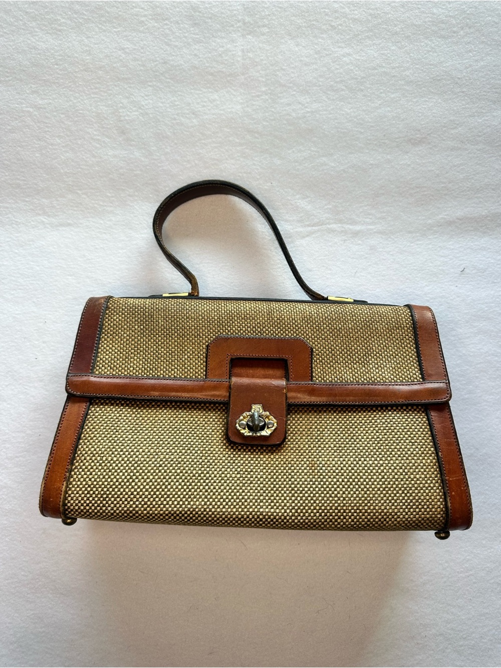 Vintage 60s John Romain Woven Straw Leather Top Handle Satchel Bag